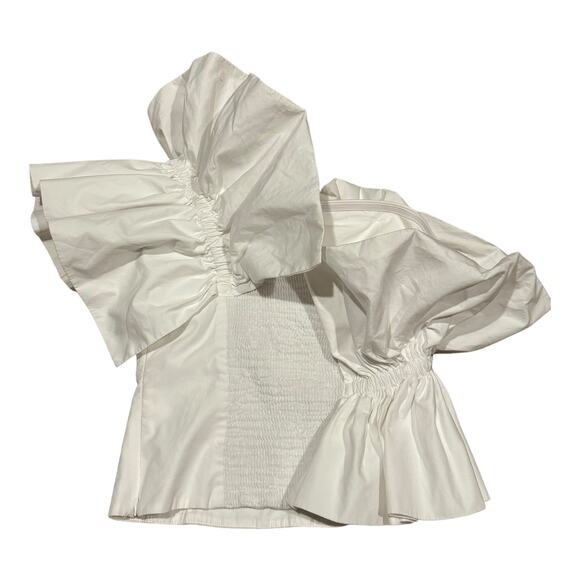 Zara Ruffle One Shoulder Poplin Asymmetric Top Smocked Back in white size small - Picture 5 of 12